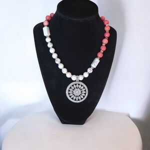 Elegant Pink and White Beaded Necklace with Silver Pendant
